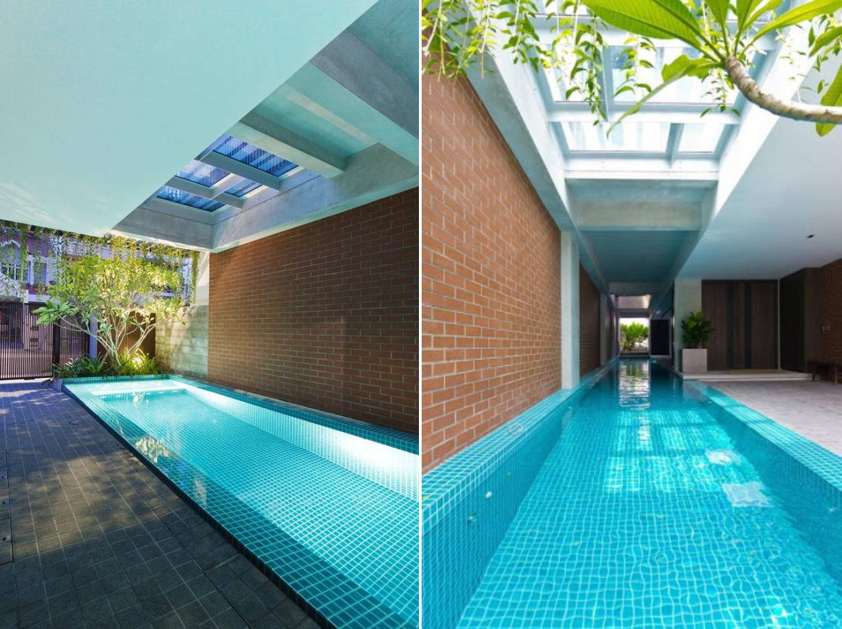 Bể bơi được thiết kế chạy dọc theo chiều dài của ngôi nhà và chiếm gần ½ diện tích sàn tầng 1